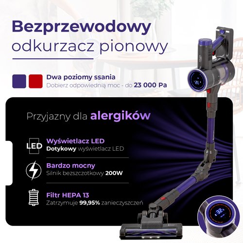 Alerģijai draudzīgs bezvadu vertikālais putekļsūcējs PRO