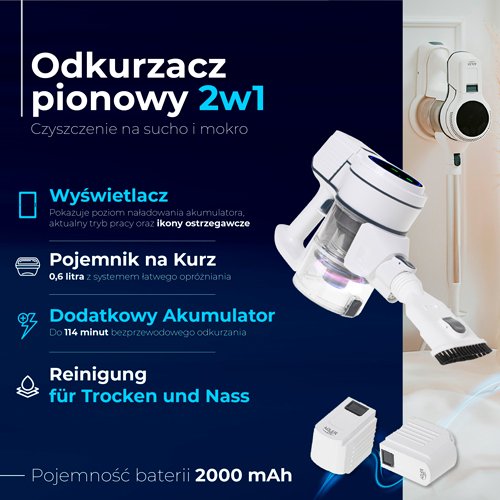 Adler putekļsūcējs 2/1 Sausai un mitrai tīrīšanai, bezvadu