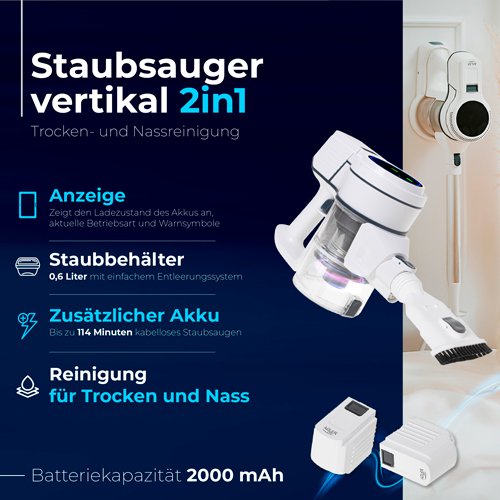 Adler putekļsūcējs 2/1 Sausai un mitrai tīrīšanai, bezvadu