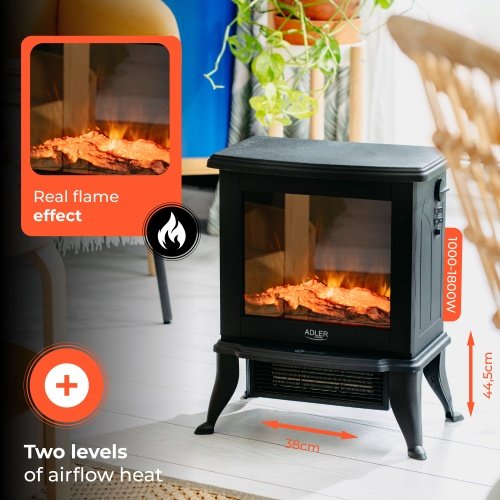 Elektriskais kamīns ar 2 siltuma līmeņiem: 1000W - 1800W, 3D liesmas efekts, ar termostatu