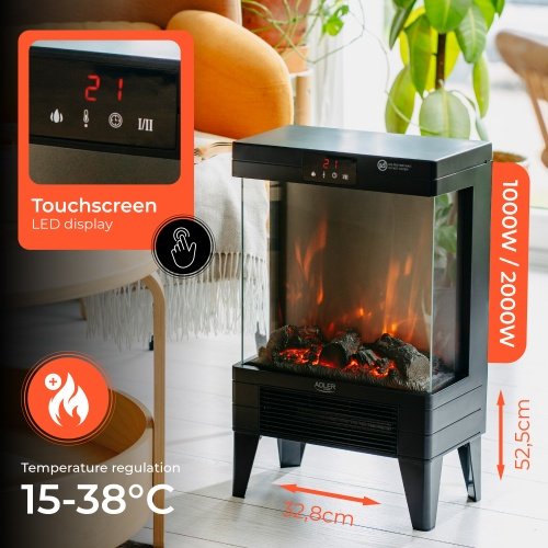 Elektriskais kamīns ar tālvadības pulti | 3D liesmas efekts | 2 siltuma līmeņi 1000W - 2000W | ar termostatu