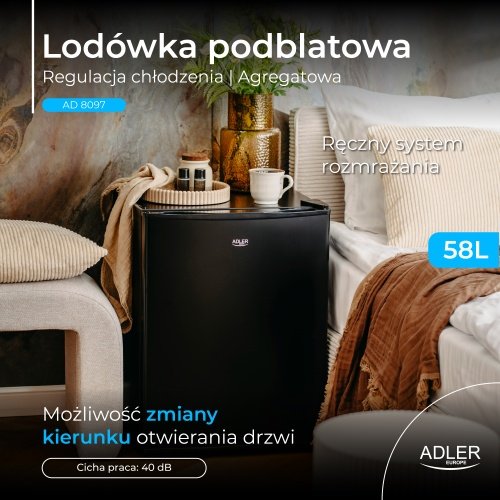 Brīvi stāvošs zemgalda ledusskapis, 58 l | Metāla durvis | Regulējama dzesēšana | Klusa darbība | Melna krāsa