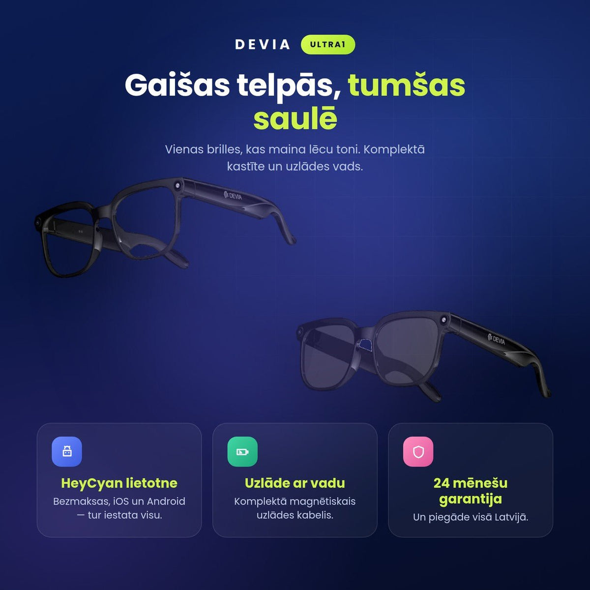 Devia Ultra1 AI viedbrilles ar kameru un ChatGPT, melnas