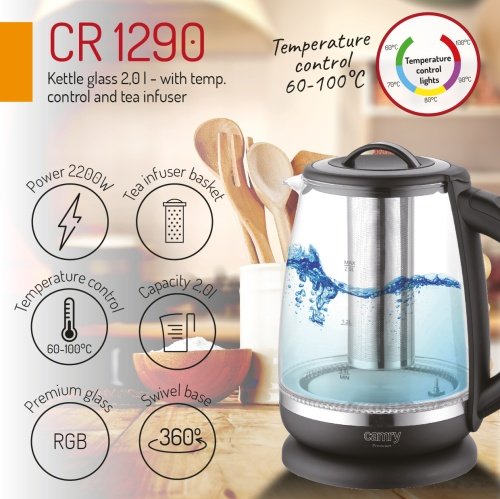 Tējkanna stikla 2,0 l - ar temperatūras vadība un tea infuser
