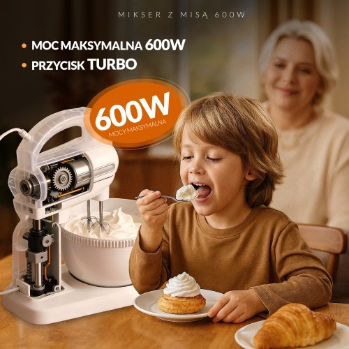 Rokas mikseris ar 3 l rotējošu trauku, 600 W, 5 ātruma režīmi + turbo, SUS304 nerūsējošā tērauda maisītāji un mīklas āķi, paredzēts maisīšanai