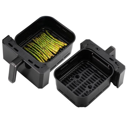 Divkameru gaisa friteze 10 l, 2700 W gaisa friteze ar diviem groziem (4 l un 6 l), neatkarīgiem vadības elementiem, skata logiem, LED displeju, 8 programmām, 80–200 °C