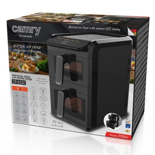 Divkameru gaisa friteze 10 l, 2700 W gaisa friteze ar diviem groziem (4 l un 6 l), neatkarīgiem vadības elementiem, skata logiem, LED displeju, 8 programmām, 80–200 °C