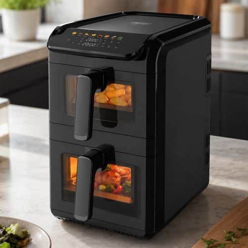 Divkameru gaisa friteze 10 l, 2700 W gaisa friteze ar diviem groziem (4 l un 6 l), neatkarīgiem vadības elementiem, skata logiem, LED displeju, 8 programmām, 80–200 °C