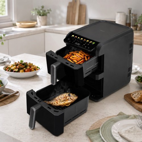Divkameru gaisa friteze 10 l, 2700 W gaisa friteze ar diviem groziem (4 l un 6 l), neatkarīgiem vadības elementiem, skata logiem, LED displeju, 8 programmām, 80–200 °C