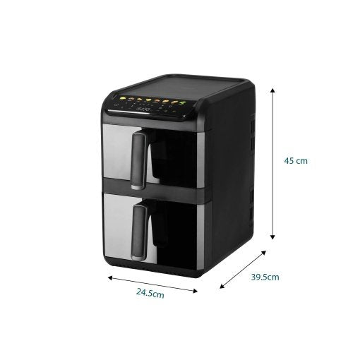 Divkameru gaisa friteze 10 l, 2700 W gaisa friteze ar diviem groziem (4 l un 6 l), neatkarīgiem vadības elementiem, skata logiem, LED displeju, 8 programmām, 80–200 °C