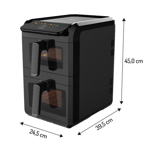 Divkameru gaisa friteze 10 l, 2700 W gaisa friteze ar diviem groziem (4 l un 6 l), neatkarīgiem vadības elementiem, skata logiem, LED displeju, 8 programmām, 80–200 °C