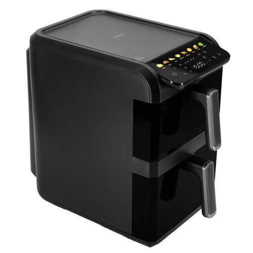 Divkameru gaisa friteze 10 l, 2700 W gaisa friteze ar diviem groziem (4 l un 6 l), neatkarīgiem vadības elementiem, skata logiem, LED displeju, 8 programmām, 80–200 °C