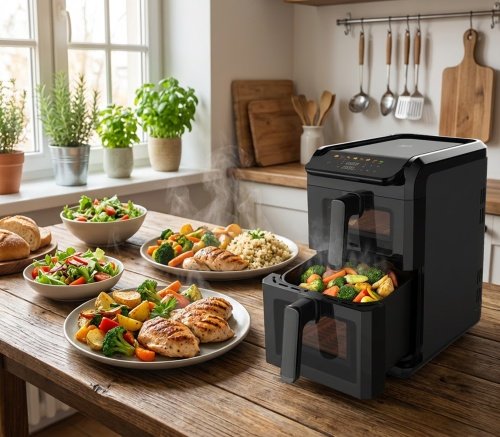Divkameru gaisa friteze 10 l, 2700 W gaisa friteze ar diviem groziem (4 l un 6 l), neatkarīgiem vadības elementiem, skata logiem, LED displeju, 8 programmām, 80–200 °C