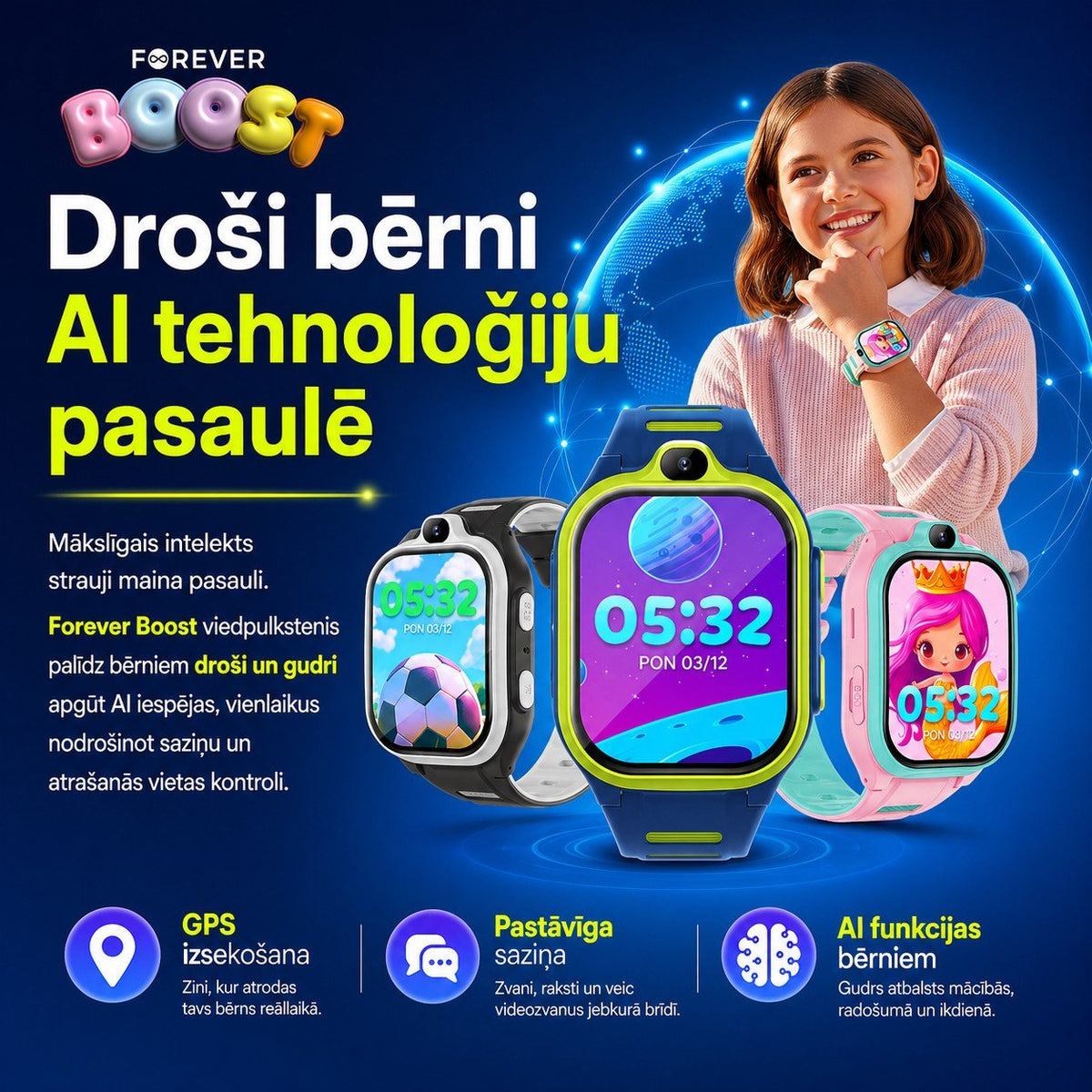 Forever Boost KW-530 bērnu viedpulkstenis ar GPS, video zvaniem un AI funkcijām