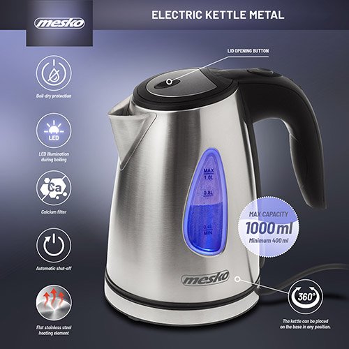 Mesko elektriskā tējkanna metāla 1,0 L