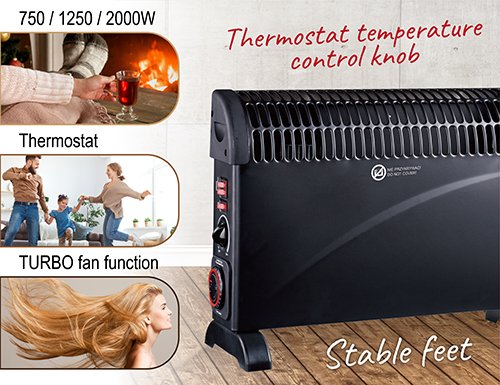 Konvekcijas sildītājs ar taimeri un turbo ventilatoru