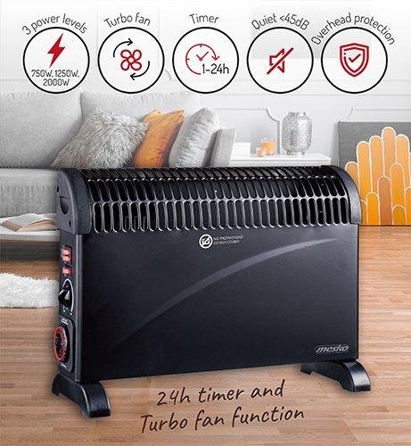 Konvekcijas sildītājs ar taimeri un turbo ventilatoru