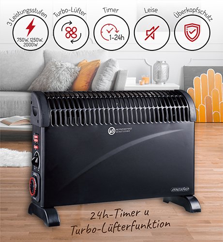 Konvekcijas sildītājs ar taimeri un turbo ventilatoru