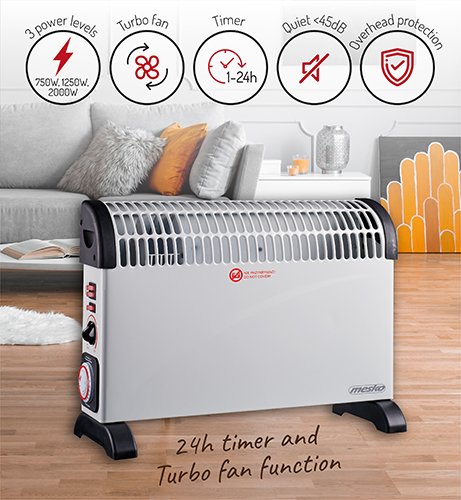Konvekcijas sildītājs ar taimeri un turbo ventilatoru