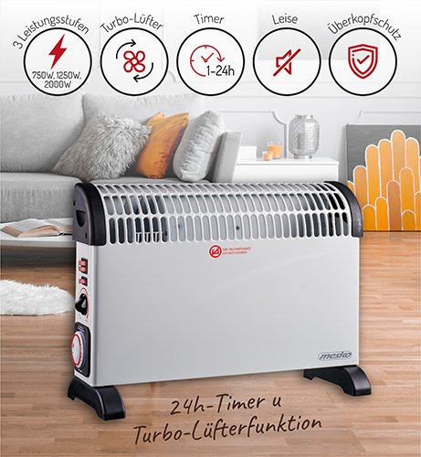 Konvekcijas sildītājs ar taimeri un turbo ventilatoru